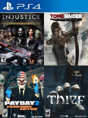 4 JUEGOS EN 1 PAYDAY 2 CRIMEWAVE EDITION MAS Thief MAS Tomb Raider Definitive Edition MAS Injustice Gods Among Us Ultimate Edition PS4