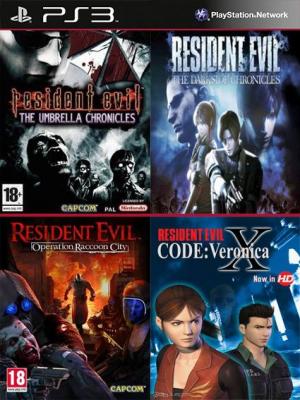 4 JUEGOS EN 1 RESIDENT EVIL THE UMBRELLA CHRONICLES Mas RESIDENT EVIL THE DARKSIDE CHRONICLES Mas Resident Evil Code Veronica X Mas Resident Evil Operation Raccoon City PS3