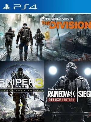 3 juegos en 1 TOM CLANCYS THE DIVISION MAS Sniper Ghost Warrior 3 Season Pass Edition MAS Tom Clancys Rainbow Six Siege Deluxe Edition PS4