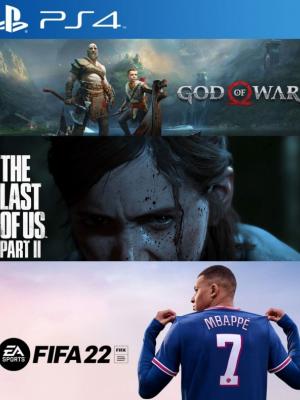 3 Juegos en 1 God of War mas THE LAST OF US PART II mas Fifa 22 PS4 (duplicado)